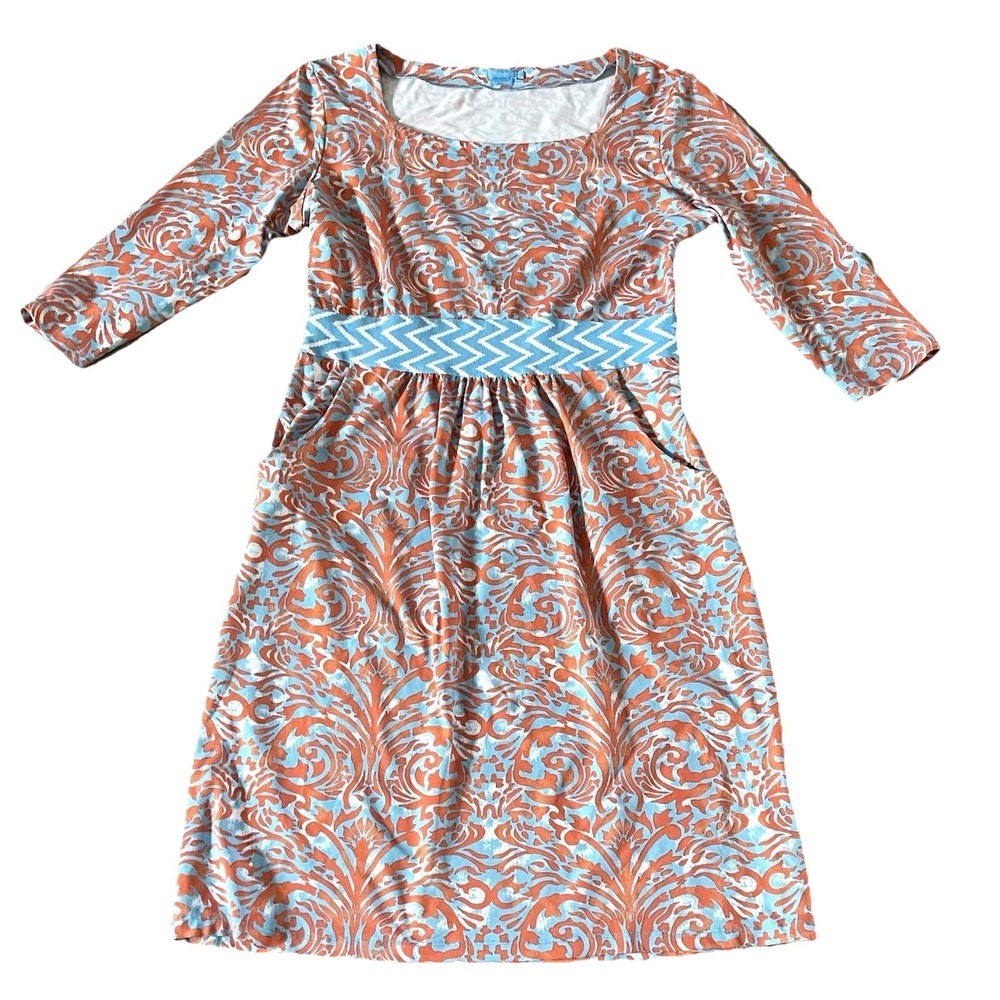 J McLaughlin Catalina Cloth Large Dress Coral Aqua Pockets 3/4 Sleeve Knee Lngth